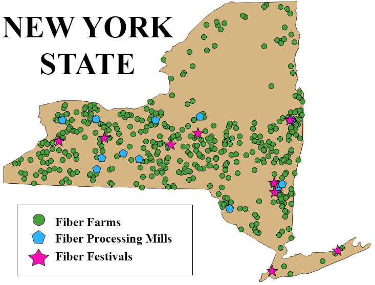 A map of fiber mills, farms and festivals in New York State (Compiled by Helen Trejo)