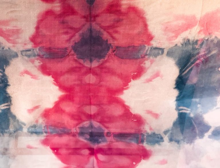 Reclaimed silk organza, shibori dyed in cochineal and indigo, as an attempt to replicate the sky.